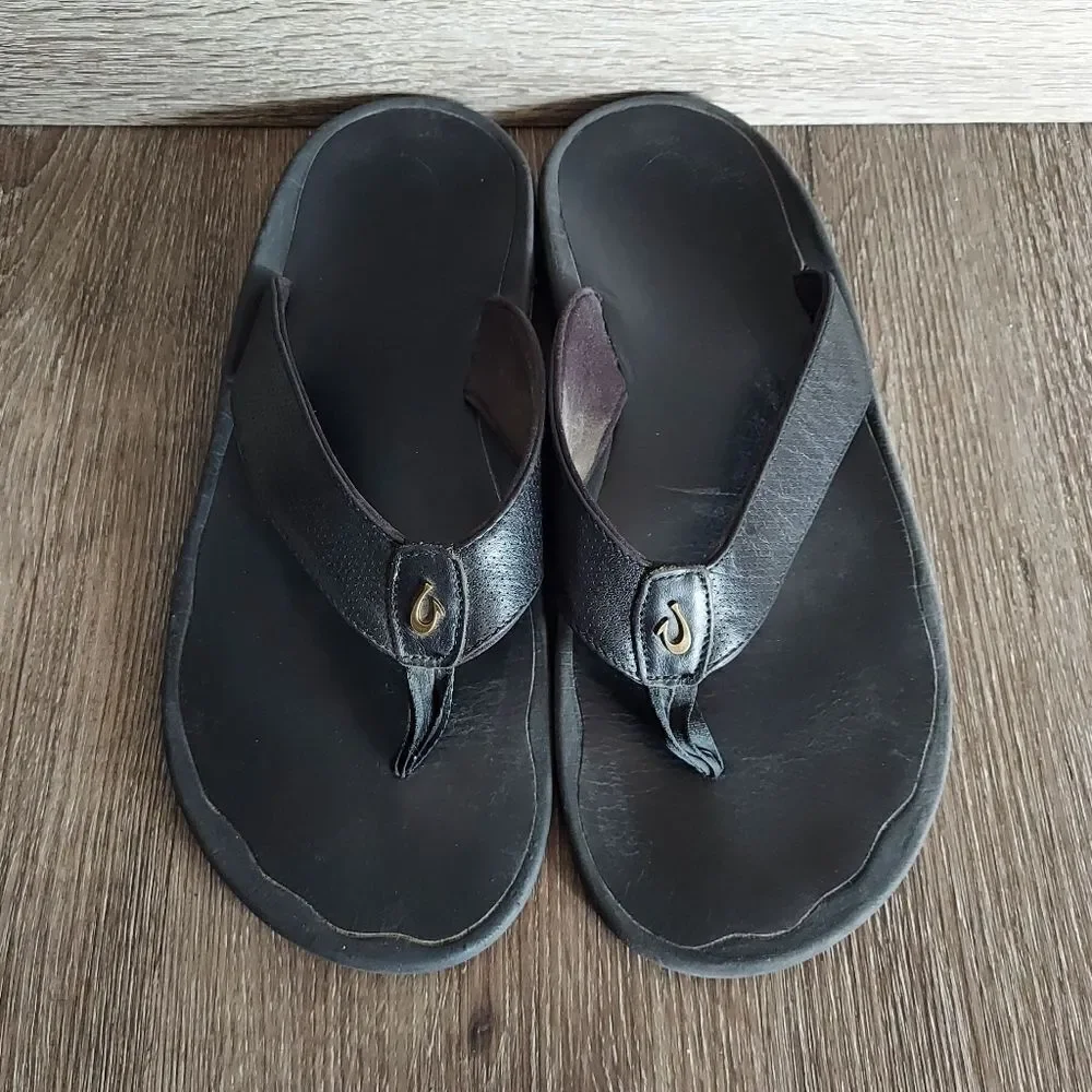 Olukai Kupuna Black Leather Sandal Mens Size 14